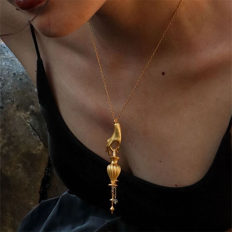 Golden Water Jar Crystal Pendant Sweater Chain