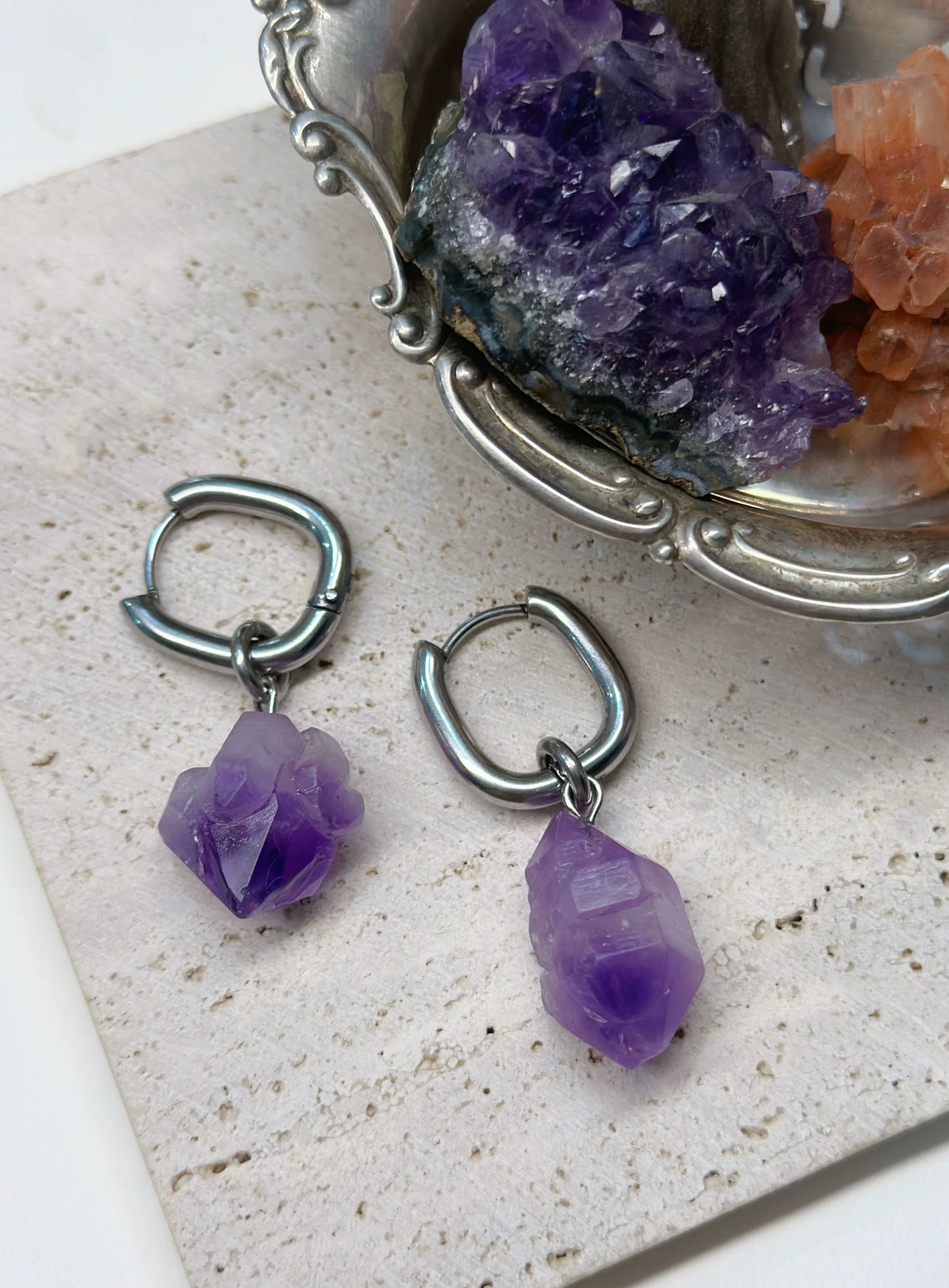 Natural Amethyst Raw Ore Earrings