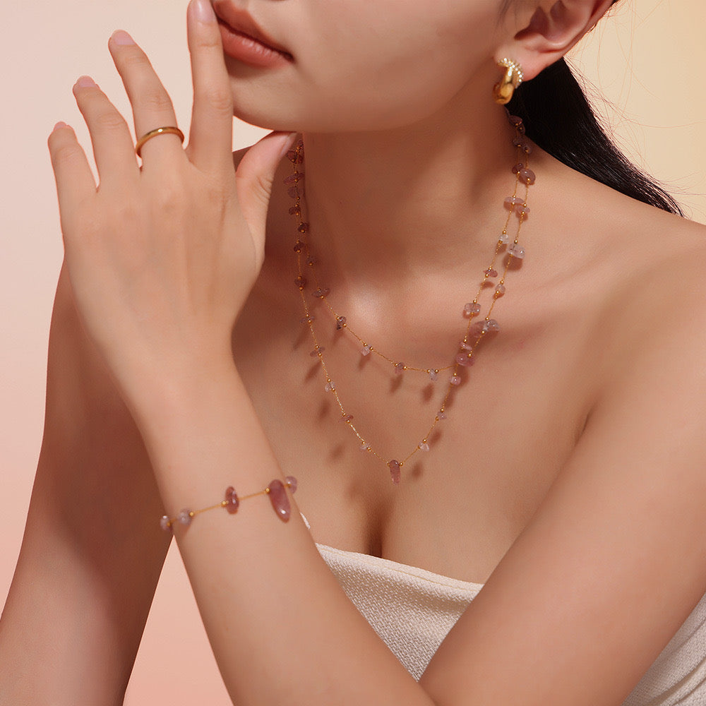 Irregular Natural Gravel Clavicle Necklace Bracelet Set Stainless Steel Jewelry