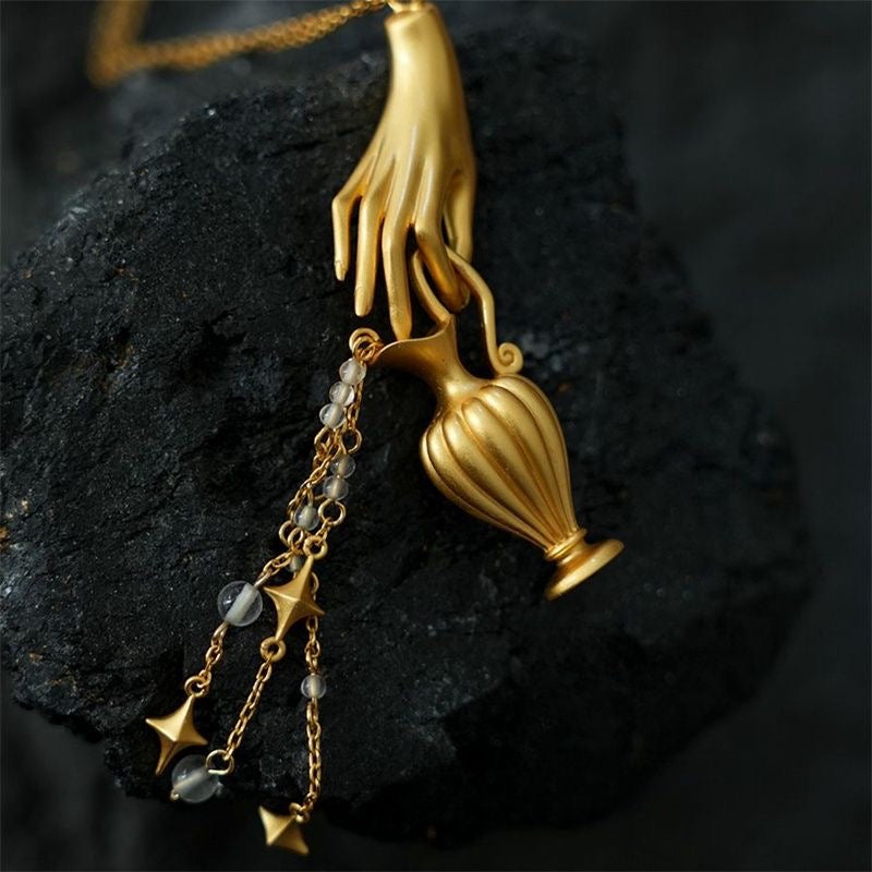 Golden Water Jar Crystal Pendant Sweater Chain